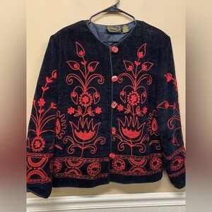 Alex Kim Chenille Black Red Embroirdered Art to Wear Jacket Size Medium